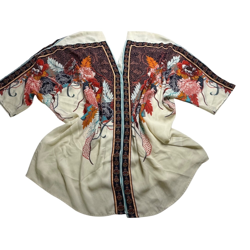 Floral Print Open Front Kimono Wrap Cream Boho Cardigan One Size
